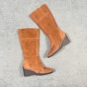 vintage y2k chocolate brown suede leather patchwork wedge heeled calf boot 5